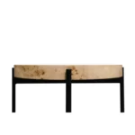 Goldoma 22-inch black and brown burl wood round end table with black metal base in a living room setting