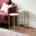 White marble end table with gold metal frame - Goldoma 25" round side table for living room