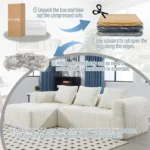 Modern L-shaped sectional sofa with chaise lounge in beige chenille fabric featuring deep seating and side pocket