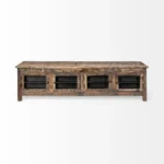 Rustic TV stand 76 inch reclaimed wood with distressed brown finish and enclosed storage doors