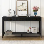 Black farmhouse console table 60 inch with 3 drawers and storage shelf in living room entryway