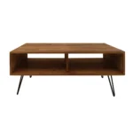 Goldoma 23-inch industrial coffee table with storage shelf, brown wood top and black metal frame in a living room