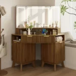 Goldoma corner makeup vanity desk with 3-way adjustable lighted mirror and USB charging station in natural oak finish