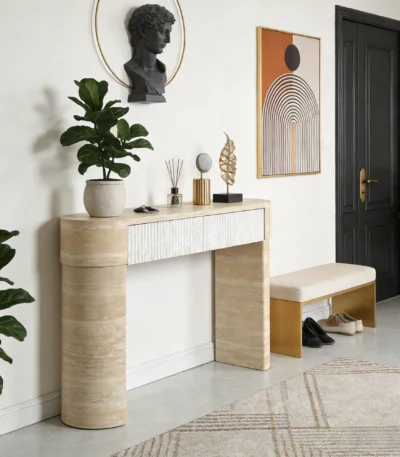 Modern solid oak console table with hidden drawers in an entryway