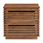 Goldoma 22 inch brown wood block end table with two drawers in a living room setting