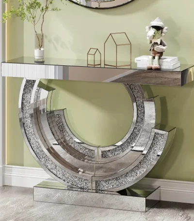 Goldoma modern console table with adjustable height in solid oak and tempered glass, perfect for entryway decor