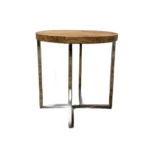 Rustic end table with acacia wood top and geometric stainless steel base in a living room setting