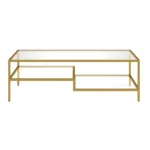 Goldoma 54 inch gold glass and steel coffee table with two shelves in living room