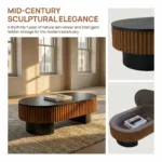 Goldoma 43.7 inch elliptical modern coffee table with hidden storage and removable tabletop in a living room setting