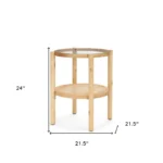 Goldoma 24-inch round side table with clear glass top and light brown solid wood shelf, perfect for living room decor