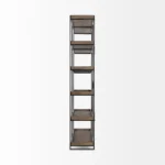 Goldoma industrial 5-tier bookcase 88 inches tall with black iron frame and brown wood shelves, in a living room