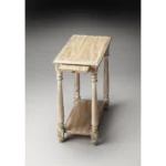 Gray farmhouse end table with shelf in living room