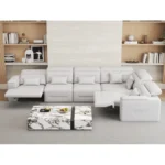 Goldoma modular power recliner sofa bed L-shaped sectional with adjustable headrests and pull-out bed in a modern living room