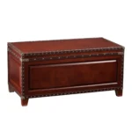 Brown solid wood coffee table with hidden storage in living room setting