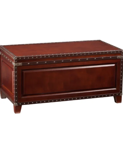 Brown solid wood coffee table with hidden storage in living room setting