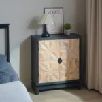 Goldoma 3D geometric carved double-door cabinet in black and natural wood finish, a modern storage sideboard for living room