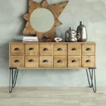 Goldoma midcentury modern solid wood storage cabinet with 5 drawers in a living room