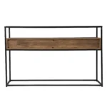Goldoma 48-inch glass console table with black metal frame and lower shelf in modern living room