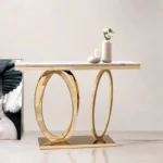 Modern marble console table with stainless steel frame in entryway
