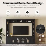 modern entertainment center with black bookshelves and tempered glass doors holding a large TV