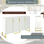 Modern solid wood dining room buffet with four doors and metal handles in a stylish home setting