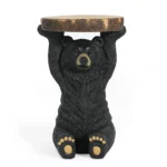 Hand painted black bear side table with faux wood top, perfect as an end table for living room or outdoor use