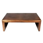 Goldoma 54-inch solid wood coffee table with copper-brass metal frame on living room floor
