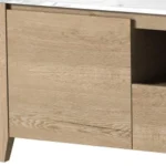 Goldoma 58-inch faux marble TV stand with wooden cabinets and open shelves for storage