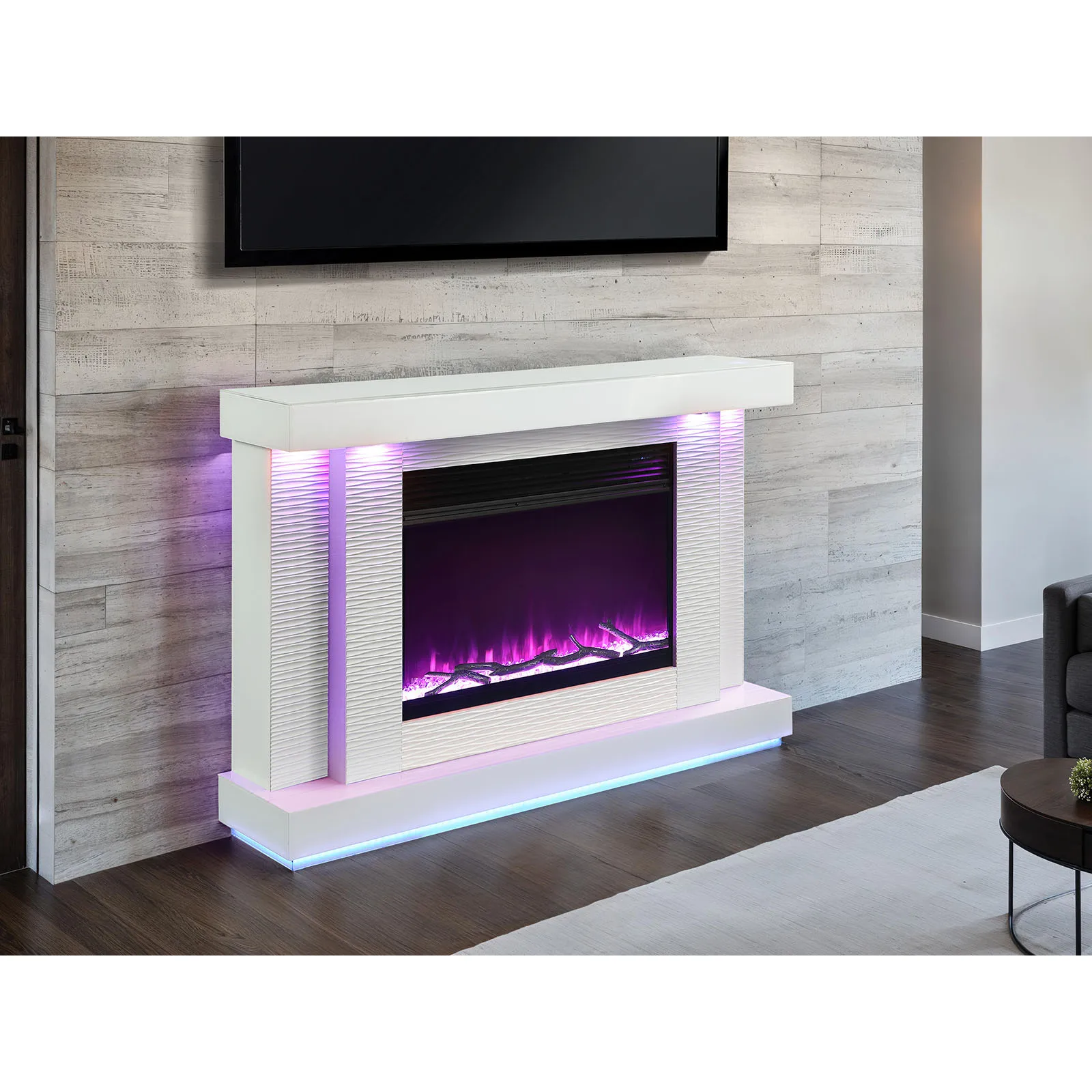 H378be4d5a0804e26bd9df45bb8899a5fH.webp Goldoma contemporary TV stand with electric fireplace in white finish, wall-mounted with TV and flame effect