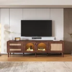 Goldoma 70.8 inch brown large media console with rattan drawers and cable management for TVs up to 80 inches