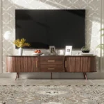 Goldoma mid-century modern TV stand for 80 inch TVs with walnut wood finish and black metal shelves