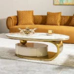 Goldoma White Marble Oval Coffee Table with Wooden Drawer - modern oval coffee table with storage