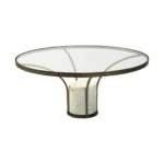 Goldoma 36-inch round pedestal coffee table with antiqued gold base and clear glass top