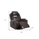 Power heated massage recliner in black bonded leather with adjustable headrest and built-in cupholders