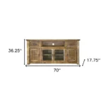 Goldoma 70-inch solid wood distressed TV stand in brown with enclosed storage and cord management in a living room