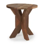 Rustic end table 26 inch reclaimed wood with distressed brown finish and X-style pedestal base in living room