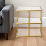 HMS 24" Console Table Brass & Clear Glass & Steel Square End Table with Two Shelves