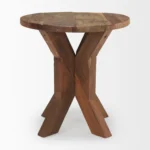 Rustic end table 26 inch reclaimed wood with distressed brown finish and X-style pedestal base in living room