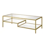 Goldoma 54 inch gold glass and steel coffee table with two shelves in living room