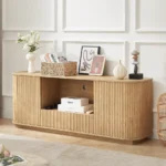 Goldoma 64-inch wavy TV stand with adjustable shelves and vertical stripe design in a modern living room