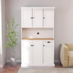 Modern pantry cabinet 71 inch with solid wood panel microwave countertop and six doors in white finish for kitchen storage organization