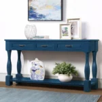 Goldoma 63-inch mid-century console table with three drawers and shelf in navy blue, solid wood entryway sofa table