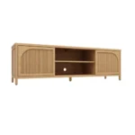 Goldoma mid-century modern bamboo TV stand with metal shelves for 60-64 inch TVs in a living room