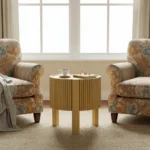 Goldoma fluted side table with storage - solid wood round side table with adjustable height and soft-close door in living room