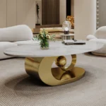 Goldoma Sculptural Coffee Table with Faux Marble Top and Stainless Steel Base