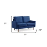 Blue velvet Chesterfield loveseat with dark brown wood legs – Goldoma 57-inch compact sofa for living room seating