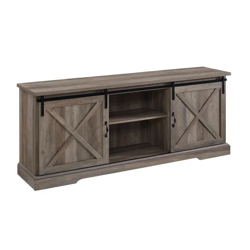 Goldoma Farmhouse Sliding Barn Door TV Stand for TVs up to 80", Grey Wash with LED Lighting