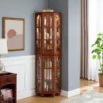 Goldoma corner curio cabinet with tempered glass shelves and built-in lighting in walnut finish