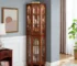 Goldoma Corner Curio Cabinet with Tempered Glass Shelves and Lighting, Solid Wood Legs