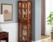 Goldoma Corner Curio Cabinet with Tempered Glass Shelves and Lighting, Solid Wood Legs